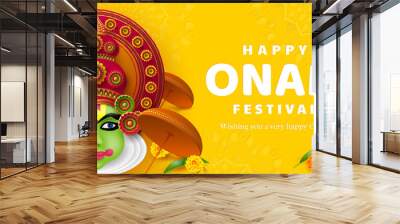 Onam festival background for South India Kerala traditional celebration. Onam Kathakali dancer with umbrella. Vector illustration. Wall mural