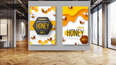 Paper cut style posters with bee and honeycomb. Typographic design for beekeeping and honey product. Vector illustration. Wall mural