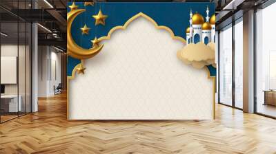 Ramadan Kareem vector card with 3d golden metal crescent, hanging stars, paper cut clouds, mosque. Arabic style arch with traditional pattern. Copy space. Wall mural