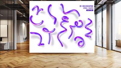 Set of 3d holographic abstract spiral shapes. Glossy geometric purple primitives with shadow on white background. Iridescent trendy design, thin film effect. Vector. Wall mural