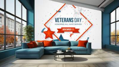 Veterans Day greeting card. 3d stars in national colors with serpentine and frame. American holiday background. Vector illustration. Wall mural