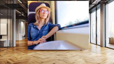 Enjoying travel. Young pretty woman traveling by the train sitting near the window. Wall mural