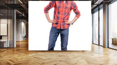 Full length studio portrait of handsome young man in plaid red shirt and jeans. Isolated on white. Wall mural