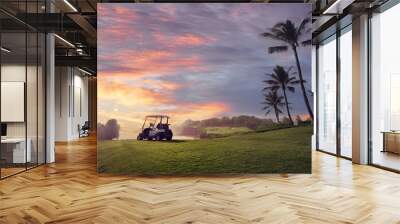 Golf place with gorgeous green and palm tree over blue sky with ocean view. Wall mural