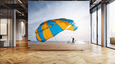 Silhouette of man is preparing para sailing on beach in Thailand Wall mural