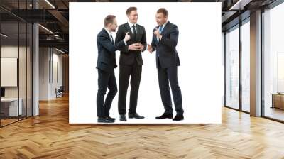 Successful project. Full length of three cheerful business people in formalwear discussing something and gesturing. Isolated on white. Wall mural