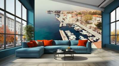 Top view of mediterranean pier with boats and yachts. Wall mural