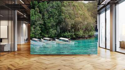 Traditional tour boats in Sugba lagoon, tourists attraction. Beautiful landscape with blue sea lagoon, National Park, Siargao Island, Philippines. Wall mural