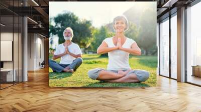 Yoga at park. Middle aged family couple  sitting in lotus pose on green grass. Concept of pray and meditation. Wall mural