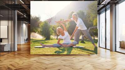 Yoga at park. Senior family couple exercising outdoors. Concept of healthy lifestyle. Wall mural