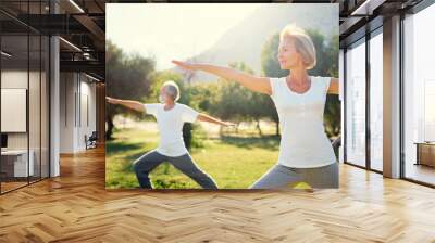 Yoga at park. Senior family couple exercising outdoors. Concept of healthy lifestyle. Wall mural