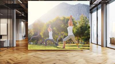 Yoga at park. Senior family couple exercising outdoors. Concept of healthy lifestyle. Wall mural