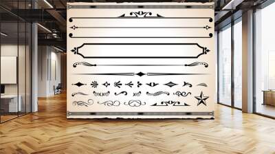 A large collection of old western design elements, borders and corners on old parchment paper.  Wall mural