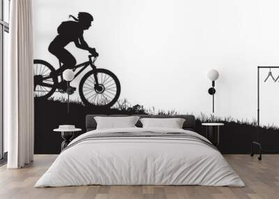 A vector silhouette of an adult woman mountain biking in a mountain setting. Wall mural