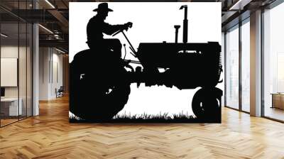 A vector silhouette of an old farmer driving an old tractor. Wall mural