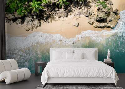 An aerial view of a tropical sandy beach with rocks palm trees and blue ocean. Location Rincon, Puerto Rico. Wall mural