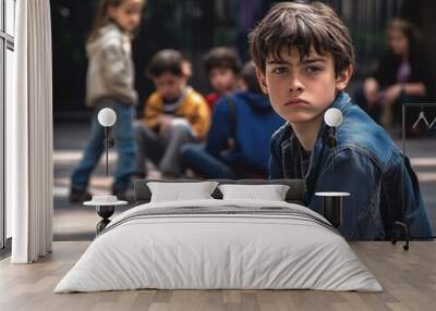 A young poor homeless beggar boy sits on the ground with children in the background Wall mural