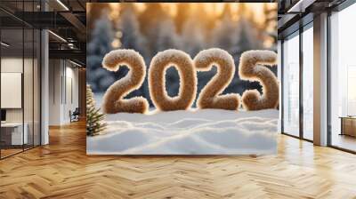 Year 2025 with a snow-covered winter background, pointer highlighting the future, concept of hope and new beginnings. Pointer marking the year 2025 on a snowy winter backdrop, symbolizing future. Wall mural