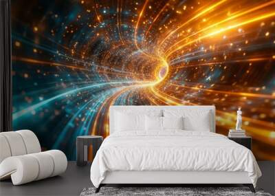 Abstract representation of a wormhole in space, with light trails and particles, symbolizing space-time travel, perfect for wallpaper and background  Wall mural