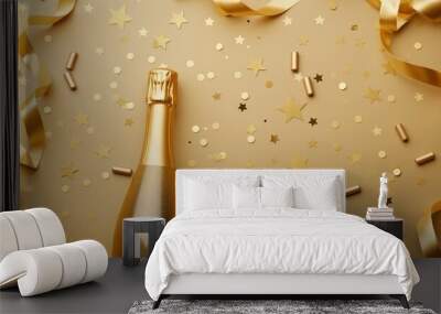 champagne bottle with golden confetti and ribbons on beige background Wall mural