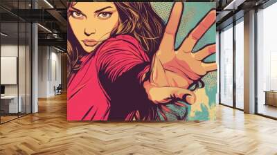 Comic-style illustration of a woman extending her hand in a dramatic pose Wall mural