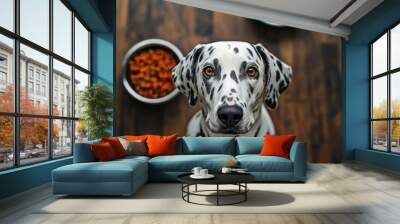 Dalmatian dog with a focused expression sitting in front of two bowls of food on a wooden floor Wall mural