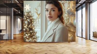 Elegant young woman in a white coat standing by a beautifully decorated Christmas tree with soft holiday lights in a luxurious interior Wall mural