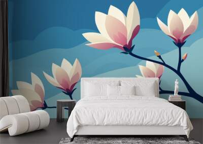 Magnolia branch against a blue sky. Stylized illustration featuring elegant pink and white magnolia flowers in bloom, perfect for spring-themed designs, wallpapers, and greeting cards. Wall mural