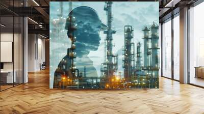 Silhouette of an engineer wearing a hard hat superimposed on an industrial refinery landscape with towering structures and evening sky Wall mural