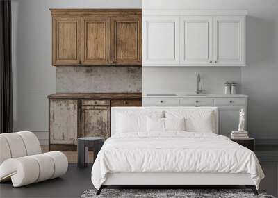 Split image of an old, worn kitchen cabinet contrasted with a modern, high-quality kitchen cabinet on a white background Wall mural