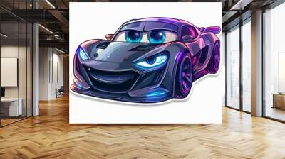 Sticker of cartoon futuristic sport car with cute big eyes and sleek design, isolated on white background Wall mural