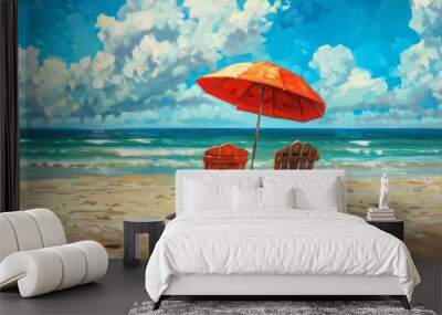 Two adirondack chairs under orange umbrella on a sandy beach facing the ocean, with a blue sky and fluffy clouds in the background, creating a serene and relaxing scene Wall mural