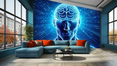 A blue background with a glowing brain on it Stock Illustration Wall mural