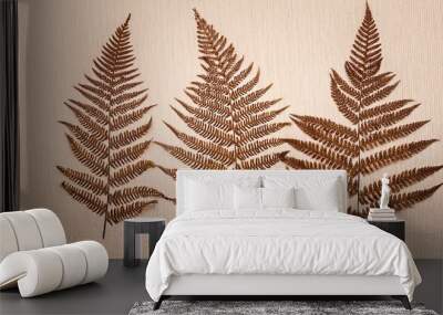 A close-up image of three brown fern silhouettes printed on a beige, textured background Wall mural