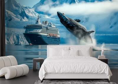 A magnificent wale is jumping out of the water in front of a cruise ship, in Alaska Wall mural