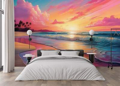 A vibrant painting depicting a beach scene with pink and yellow hues dominating the sky and water, evoking a warm sunset ambiance Wall mural