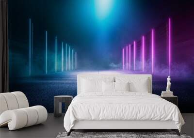 Background of empty room, street, neon light, smoke, fog, asphalt, concrete floor Wall mural