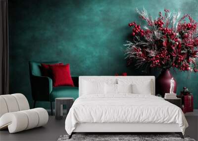 christmas living room with green chair, red cushions, and festive floral arrangement Wall mural