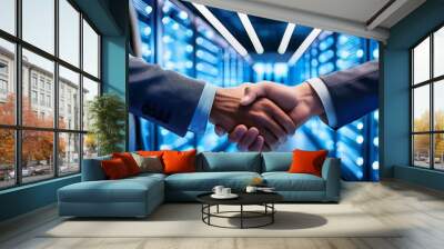 Close-up of two business people shaking hands in an office, with blue cables and computer servers in the background. Stock photo Wall mural