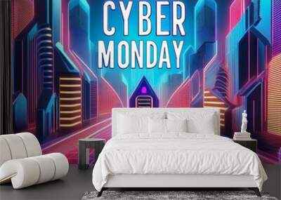 Cyber monday concept. Bright neon illuminations. Graphics design Wall mural