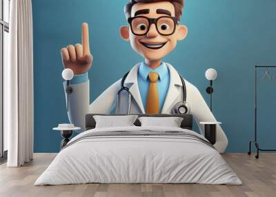 d render. Cartoon character caucasian man doctor wears glasses tie and white coat. Finger pointing up. Medical clip art isolated on blue background. Healthcare assistant advice, medicine Wall mural