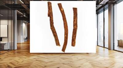 Close up of Ayurvedic herb Liquorice root,Licorice root, Mulethi or Glycyrrhiza glabra root on a wooden surface is very much beneficial for Soothes your stomach,poisoning Wall mural