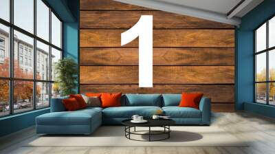 Number 1 in white hole on wooden background Wall mural