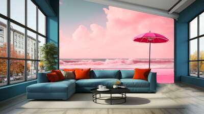 Pink umbrella, placed on a pink beach. Wall mural