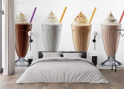 Four glasses of milk shake in different flavours with white whipped cream on top and on isolated white background Wall mural