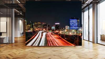 Skyline of Philadelphia (PA) USA at night with car trails on a expressway, with copy space. Wall mural