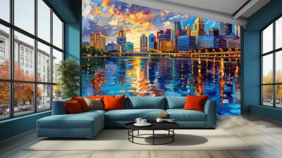 Horizontal Impasto oil painting of the Pittsburgh skyline. Generative AI Wall mural