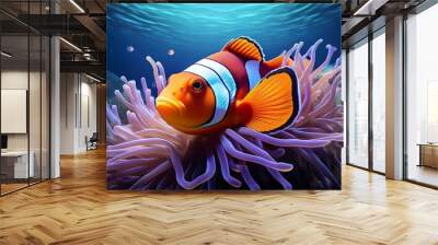 Illustration of an anemone with a vibrant clownfish swimming in an aquarium created with Generative AI technology Wall mural