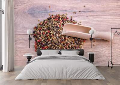 different varieties of peppercorns with a wooden picker Wall mural