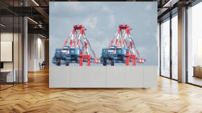 Tops of modern gantry cranes at the Jade Weser Port in Wilhelmshaven, Germany. Cargo shipping and logistics. Container loading cranes. Wall mural